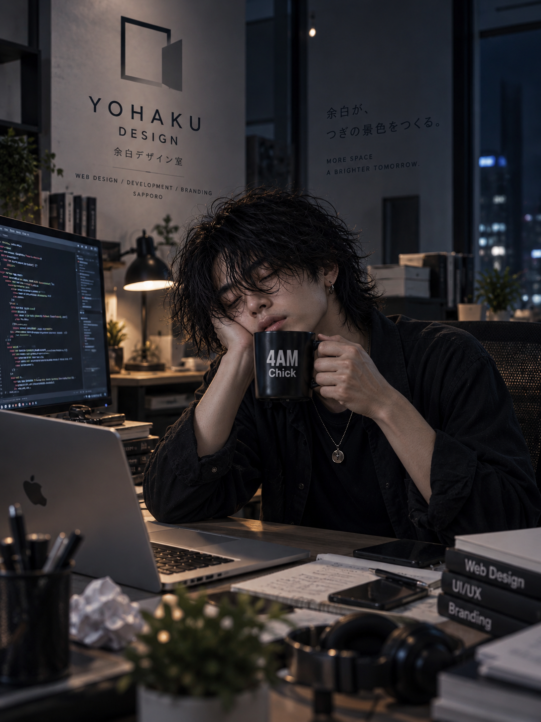 余白デザイン室でPCとコーヒーの前にいるイーライ