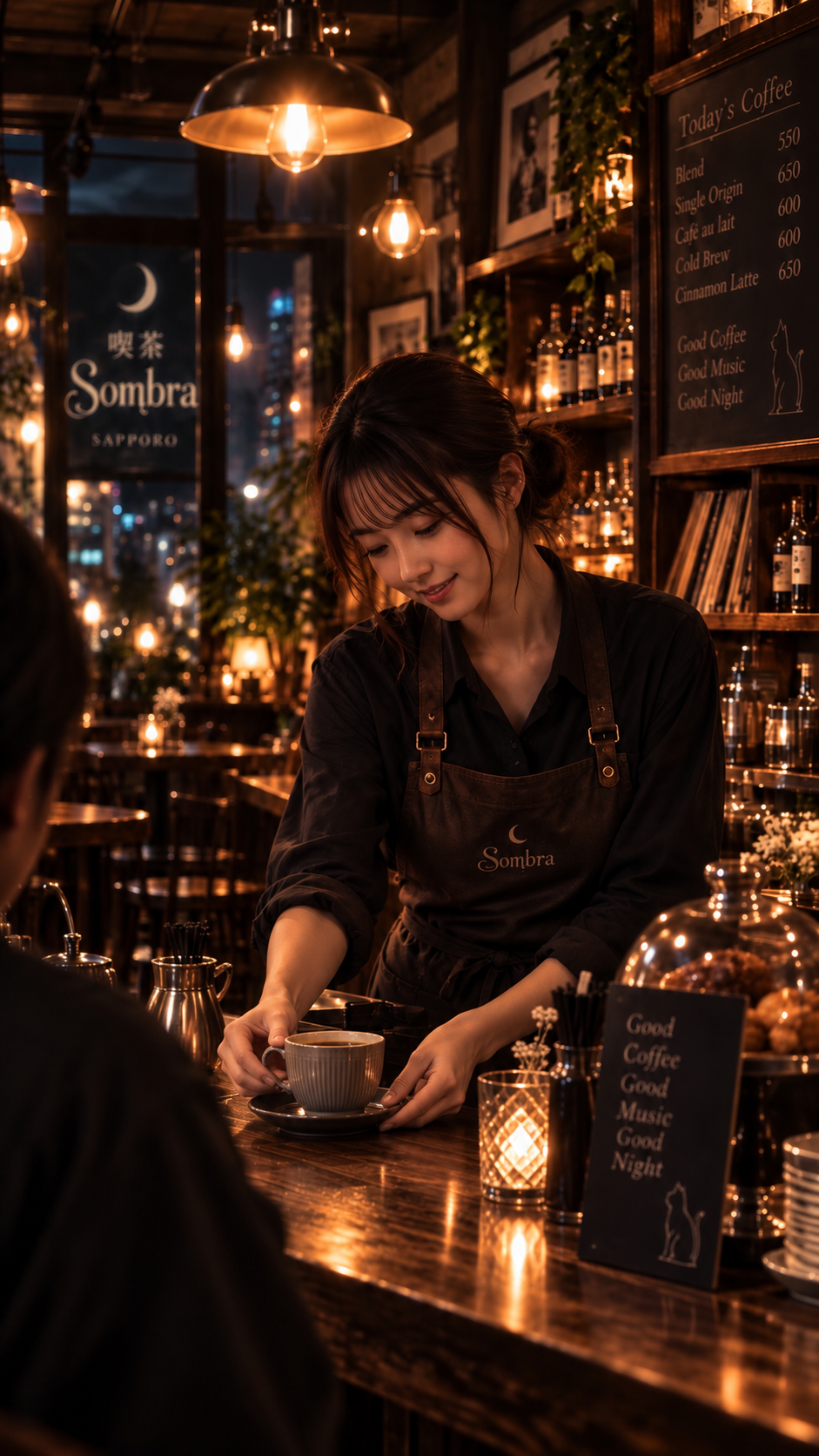 Sombraのカウンターでコーヒーを差し出すミオ