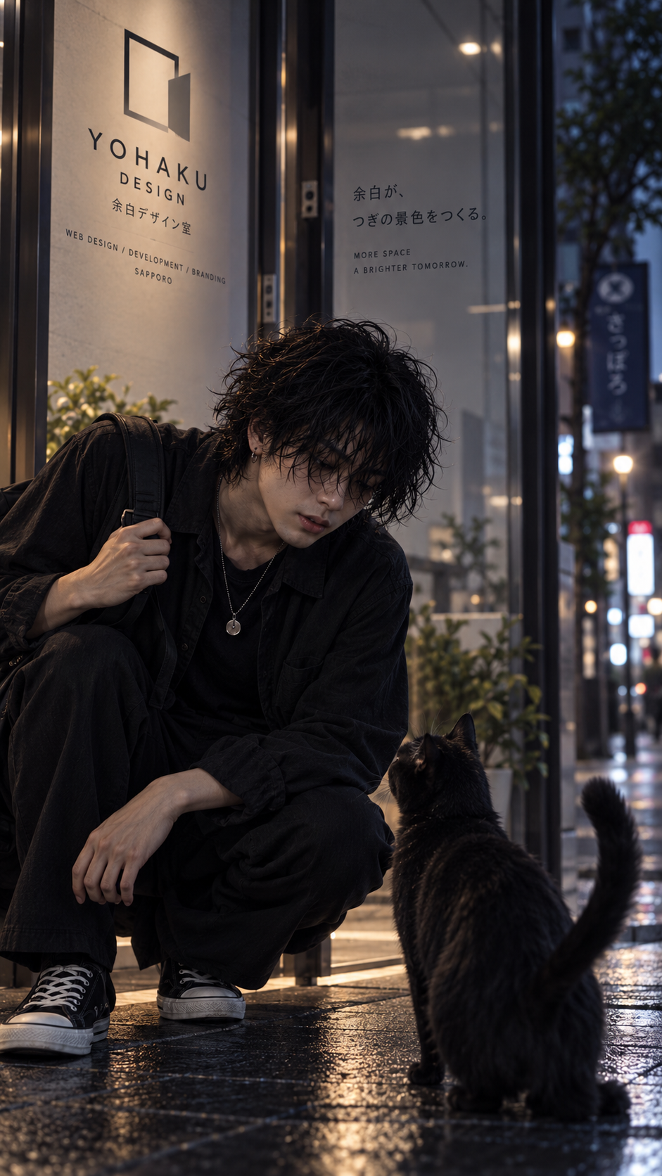 夜の余白デザイン室の入口で猫と向き合うイーライ