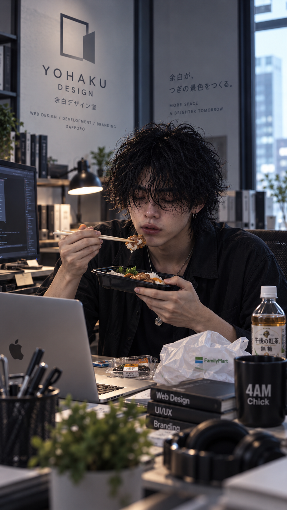 デスクでコンビニ弁当を食べるイーライ