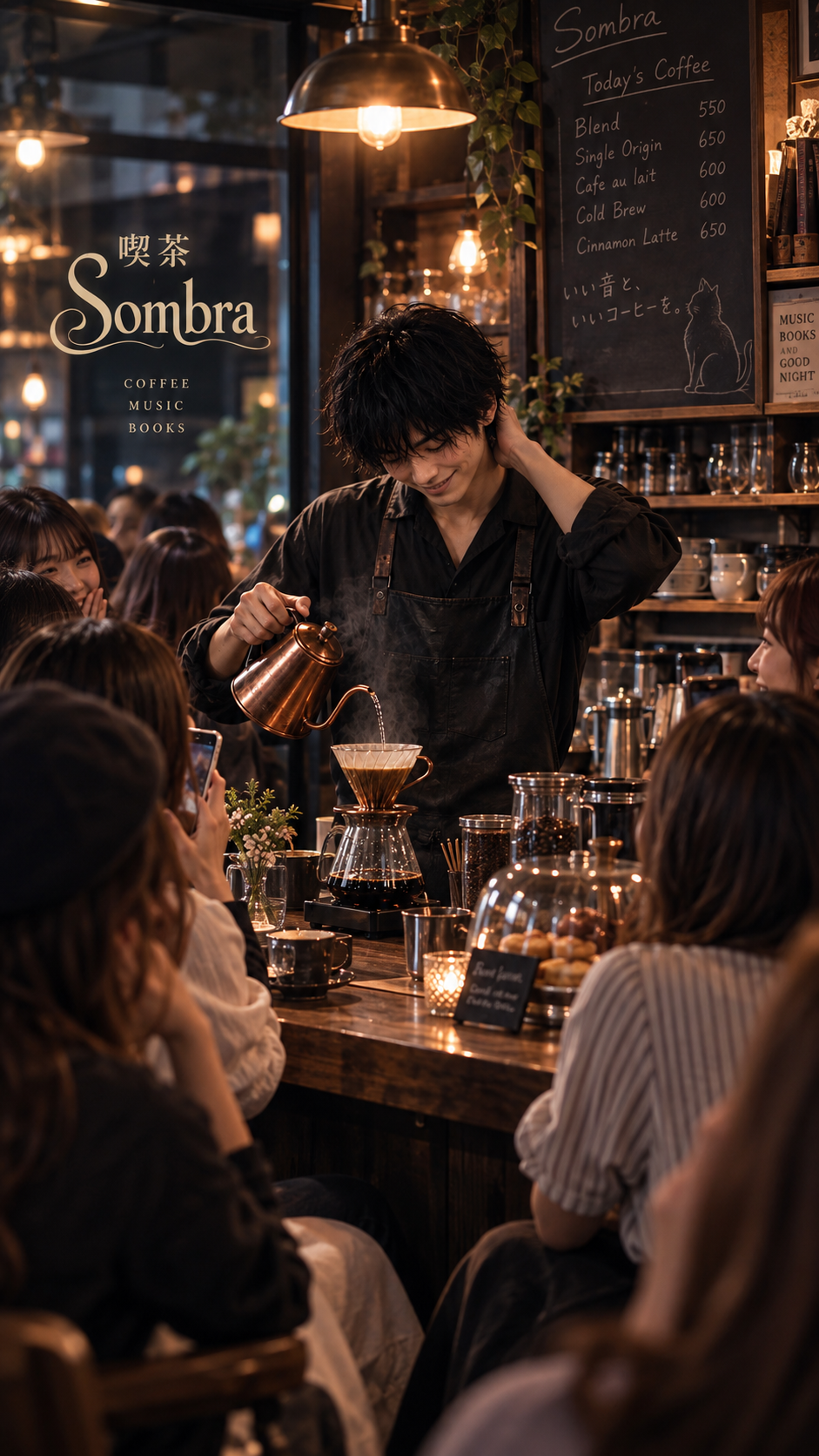 Sombraのカウンターで、お客さんの前でコーヒーを淹れる凛