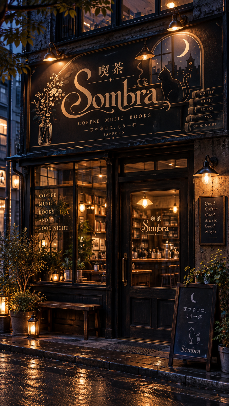 喫茶Sombraの外観。金色の店名と猫の看板、暖かな灯りの入口